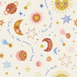 © AngellozOlga - Childish space sun crescent stars planet vector seamless pattern. Love you to the moon and back phrase. Boho celestial universe background. Galaxy decorative surface design for nursery.