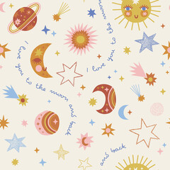 childish space sun crescent stars planet vector seamless pattern. love you to the moon and back phra