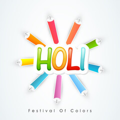 Sticker - Indian festival of colours, Happy Holi concept with stylish text and colourguns(pichkari) on white background.