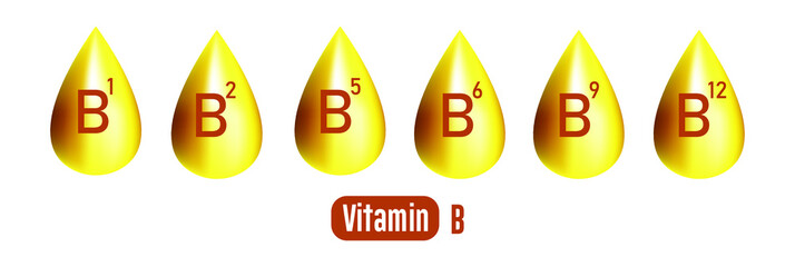 Poster - group of vitamin b1, b2, b5, b6, b9, b12 drop vector illustration 