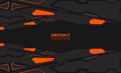 Poster - Gaming abstract background with black and orange futuristic technology shapes. Sports racing background. Abstract geometric flat techno mechanical shape design. Vector illustration