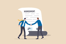 Business Deal, Agreement Or Collaboration Document, Contract Or Success Negotiation, Executive Handshaking Concept, Businessman Partner People Shaking Hand After Signing Business Agreement Document.