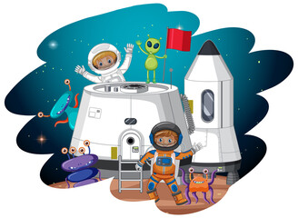 Wall Mural - Cartoon astronaut and aliens on planet in cartoon style