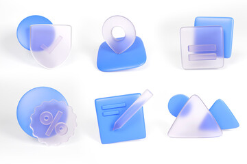 set collection 3d icon illustration glassmorphism blue render