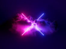 3d Render, Mystical Cloud And Cross Sign Glowing With Pink Blue Neon Light, Abstract Background