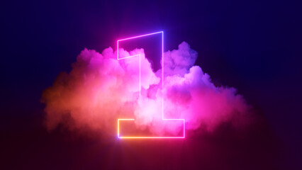 3d render, neon linear number one and colorful cloud glowing with pink blue neon light, abstract fan