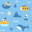 Cute marine baby pattern with ships and whale. Seamless vector nursery sea print for textile and wallpaper.