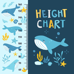 Underwater height chart with whales. Baby wall ruler with sea cachalot and water plants.