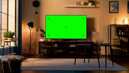 Poster - stylish loft apartment interior with tv set with green screen mock up display standing on television