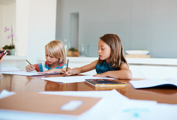 Poster - Education should be their foundation in life. Shot of two adorable young children doing their homework together at home.