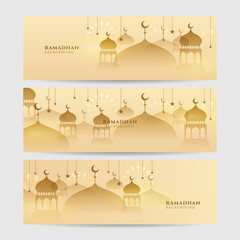 Set of Ramadhan yellow gold colorful wide banner design background. Islamic ramadan kareem banner background with crescent pattern moon star mosque lantern. Vector illustration