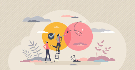 Wall Mural - Common ground and opinion match after partner communication tiny person concept. Discussion and cooperation with successful solution vector illustration. Link different thoughts and merge compromise.