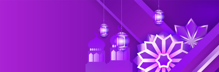 Islamic ramadan kareem banner background with crescent pattern moon star mosque lantern. Vector illustration. Ramadhan colorful wide banner design background