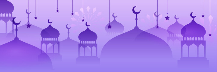 Islamic ramadan kareem banner background with crescent pattern moon star mosque lantern. Vector illustration. Ramadhan colorful wide banner design background