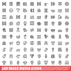 Poster - 100 mass media icons set. Outline illustration of 100 mass media icons vector set isolated on white background