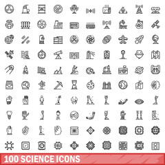 Poster - 100 science icons set. Outline illustration of 100 science icons vector set isolated on white background