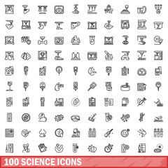 Poster - 100 science icons set. Outline illustration of 100 science icons vector set isolated on white background