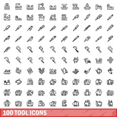 Poster - 100 tool icons set. Outline illustration of 100 tool icons vector set isolated on white background