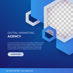 Digital marketing agency social media post template design. Modern blue corporate banner, poster flyer with abstract geometric background. Online or web business promotion banner with company logo.