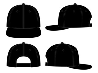 Wall Mural - Blank Black Hip Hop Cap with Adjustable Hook and Loop Strap Closure Template on White Background, Vector File