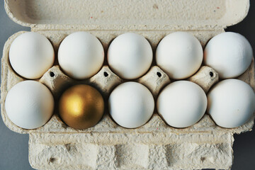 Wall Mural - golden color egg  with white ordinary eggs in egg tray concept of enrichment and wealth	
