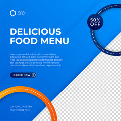 Fast food restaurant business marketing social media post or web banner template design with abstract background, logo and icon. Healthy food delivery online sale promotion flyer or poster.