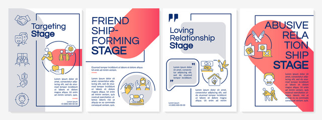 Psychological manipulation stages red brochure template. Coercion tactics. Leaflet design with linear icons. 4 vector layouts for presentation, annual reports. Questrial, Lato-Regular fonts used