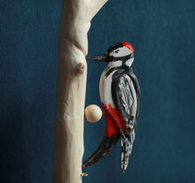 Bird  Red-headed Woodpecker Handmade Wooden Toy Close-up