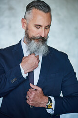 Poster - Looking sharp and confident. Studio shot of a handsome middle aged businessman wearing a formal suit while standing against a grey background.