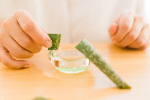 Unrecognizable Woman Applying Cosmetic Product On Aloe Vera