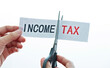 Hand holding scissors cut income tax