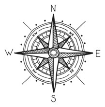 Wind Rose Engraving. Nautical Compass. Orientation Tool