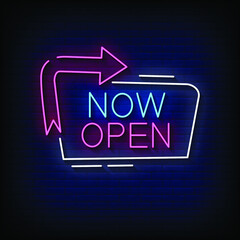 Wall Mural - Now Open Neon Signs Style Text Vector