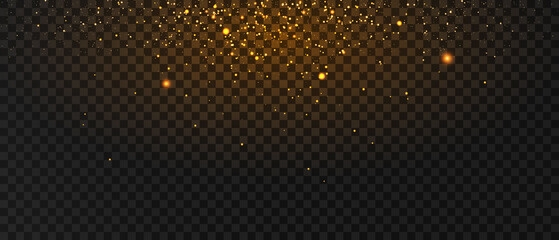 Sparks of dust and golden stars shine with a special light. Vector sparkles on a transparent background. Christmas light effect. Glittering magical dust particles.