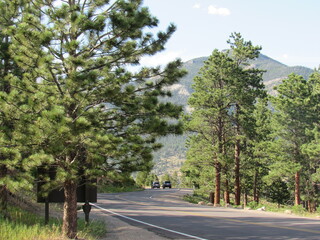 Landscape shot of trees and moutains, in the background with a road in-between, and two cars in the distant.