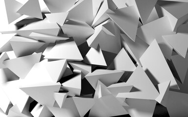 Poster - Abstract background with white 3D shapes flying in the light as a messy array or chaotic structure for any pastel backdrop. 3D illustration