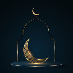 Ramadan Kareem 3d podium with traditional Arabic frame. Luxurious golden moon with islamic ornament. Cylinder with gold glitter. Minimal muslim scene. Eid Mubarak. Vector illustration