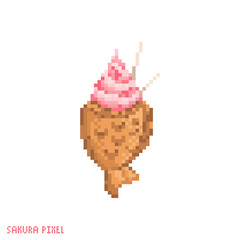 Wall Mural - Pixel art tayaki ice cream icon. Vector 8 bit style illustration of asian fish shaped ice cream. Taiyaki fish ice cream decorative oriental spring element of retro video game computer graphic.