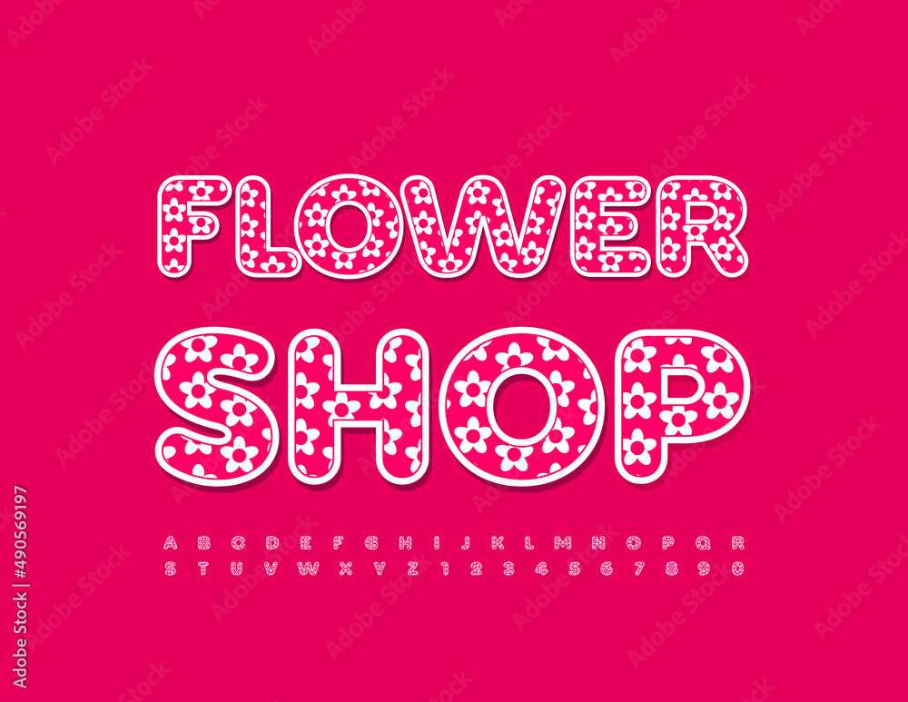 Vector bright pink logo Flower Shop with Floral Font. Decorative style ...