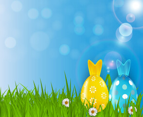 Wall Mural - Easter poster template with 3d realistic eggs, grass and spring background. Template for advertising, poster, flyer, greeting card. Illustration