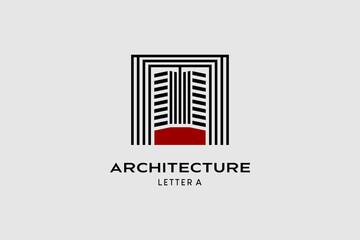 Wall Mural - Architectural logo design with building in letter A line art concept. Premium vector logo illustration