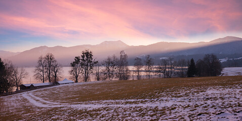 Wall Mural - sunset scenery gmund am tegernsee, lake and mountain view with dreamy clouds