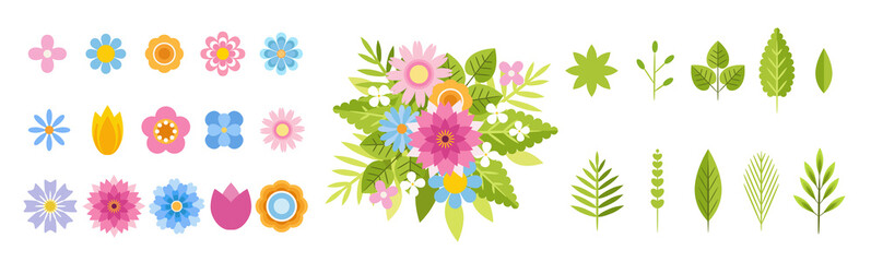 Simple vector flowers and leaves. Collection of different flowers in a flat style. Spring art bouquet with cute plant elements. Icons isolated on white background