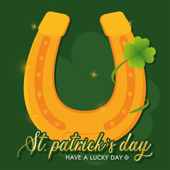 Wall Mural - Colored saint patrick day poster golden horseshoe with clover Vector illustration