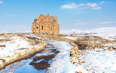 Wall Mural - View of Kars ani ruins under snow in winter