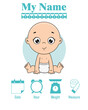Cute boy with balloon. Baby birth print. Baby data template at birth. Weight, measurement, time and day of birth	
