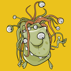 smiling cartoon creature of olive color with many eyes in his hair