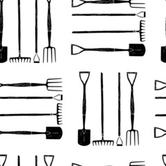 Vector seamless pattern with hand drawn garden tools. Beautiful design elements, ink drawing, linocut style. Perfect for prints and patterns.