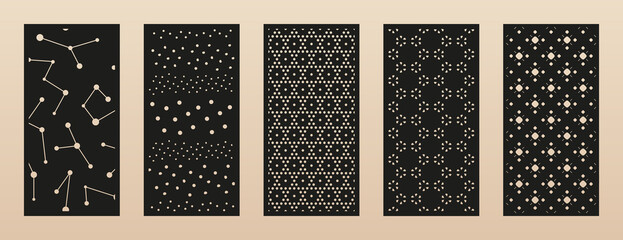 Wall Mural - Laser cut patterns collection. Vector set with abstract geometric backgrounds, dots, lines, floral silhouettes, grid. Decorative stencil for laser cutting of wood panel, metal, acryl. Aspect ratio 1:2