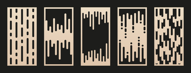 Aufkleber - Laser cut patterns. Vector set with abstract geometric ornament with liquid lines, stripes. Modern minimal design. Decorative stencil for laser cutting of wood, metal, plastic, paper. Aspect ratio 1:2